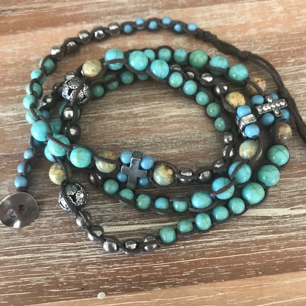 Cowgirl Tuff Turquoise and Brown Beaded Wrap Bracelet